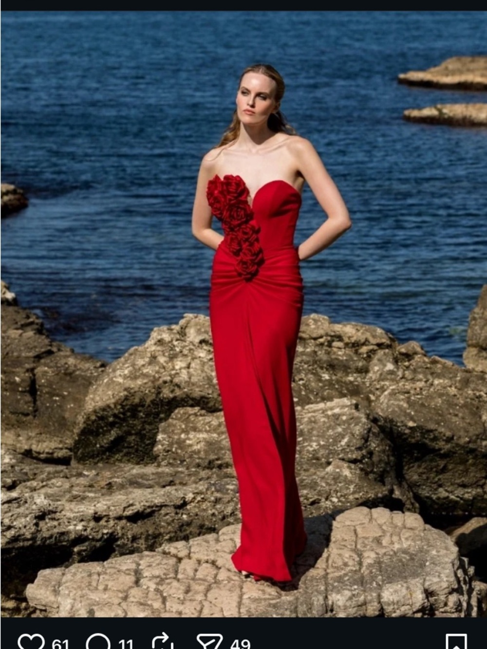 Red Floral One-Shoulder Evening Gown
